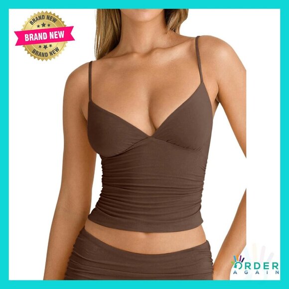 Tops - V Neck Ruched Cami Crop Top Double Layer Fitted Y2K Chic Sexy